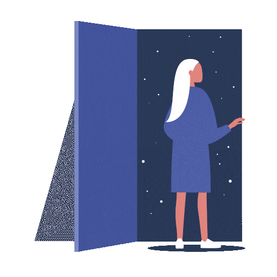 Animation med en kvinna med vitt hår som ser ut genom en öppen dörr. Utanför ses en natthimmel med stjärnor och stjärnfall