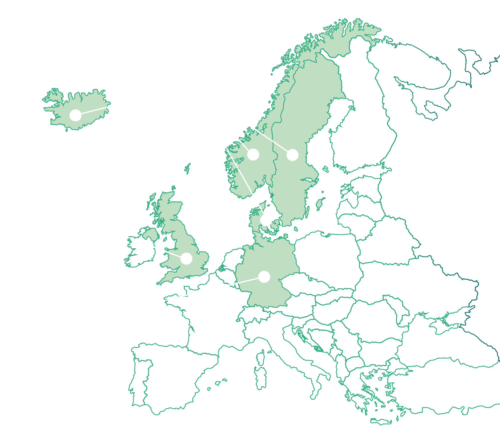 Karta över Europa. Sverige, Norge, Danmark och Island är grönmarkerade och pilar går till dem från texten Melatonin AGB. Tyskland är grönmarkerat och en pil med texten pinealin går dit. Storbrittannien är grönmarkerat och en pil med texten adaflex går dit.